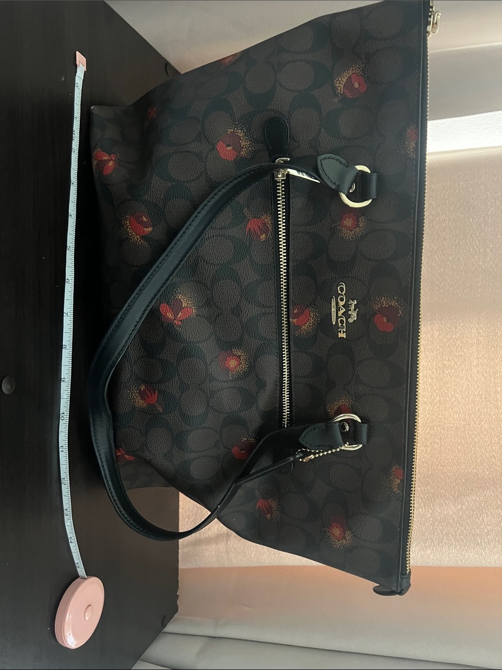 Coach Black Signature Floral Tote with Red Accents